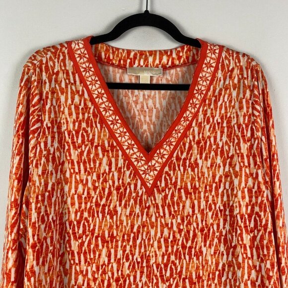 Michael Kors Blouse Size 2X Orange Patterned V Neck Stretch Long Sleeve - Picture 2 of 11